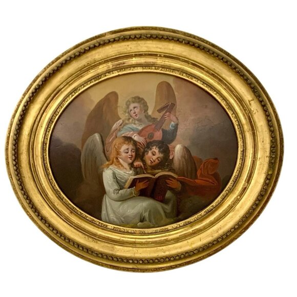 Other - Painting Angel Singing Oil on Board Cherub Chanting in Oval Frame Art Decor
